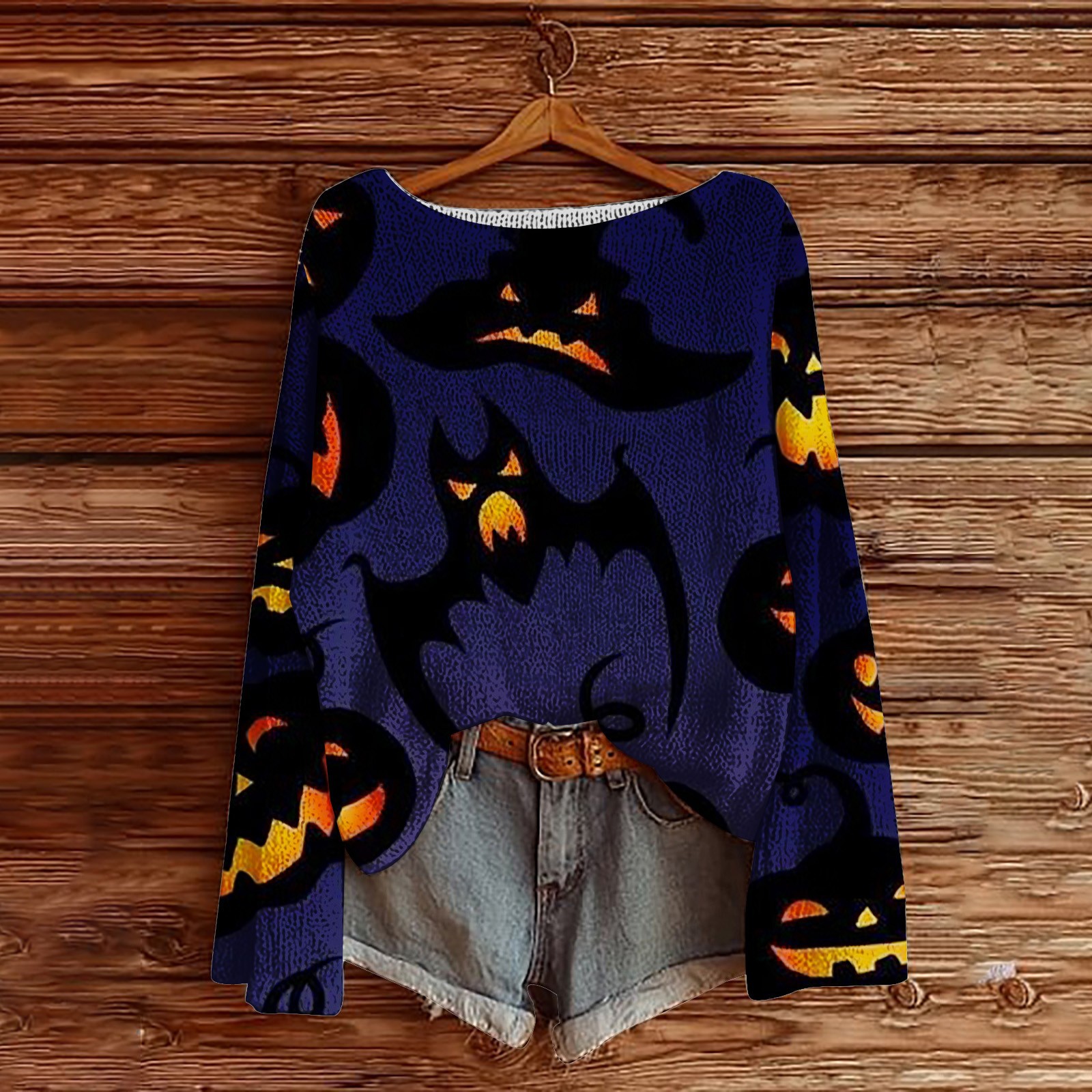 Halloween Women's Pumpkin Ghost Vintage Print Crew Neck Long Sleeve Sweatshirt  