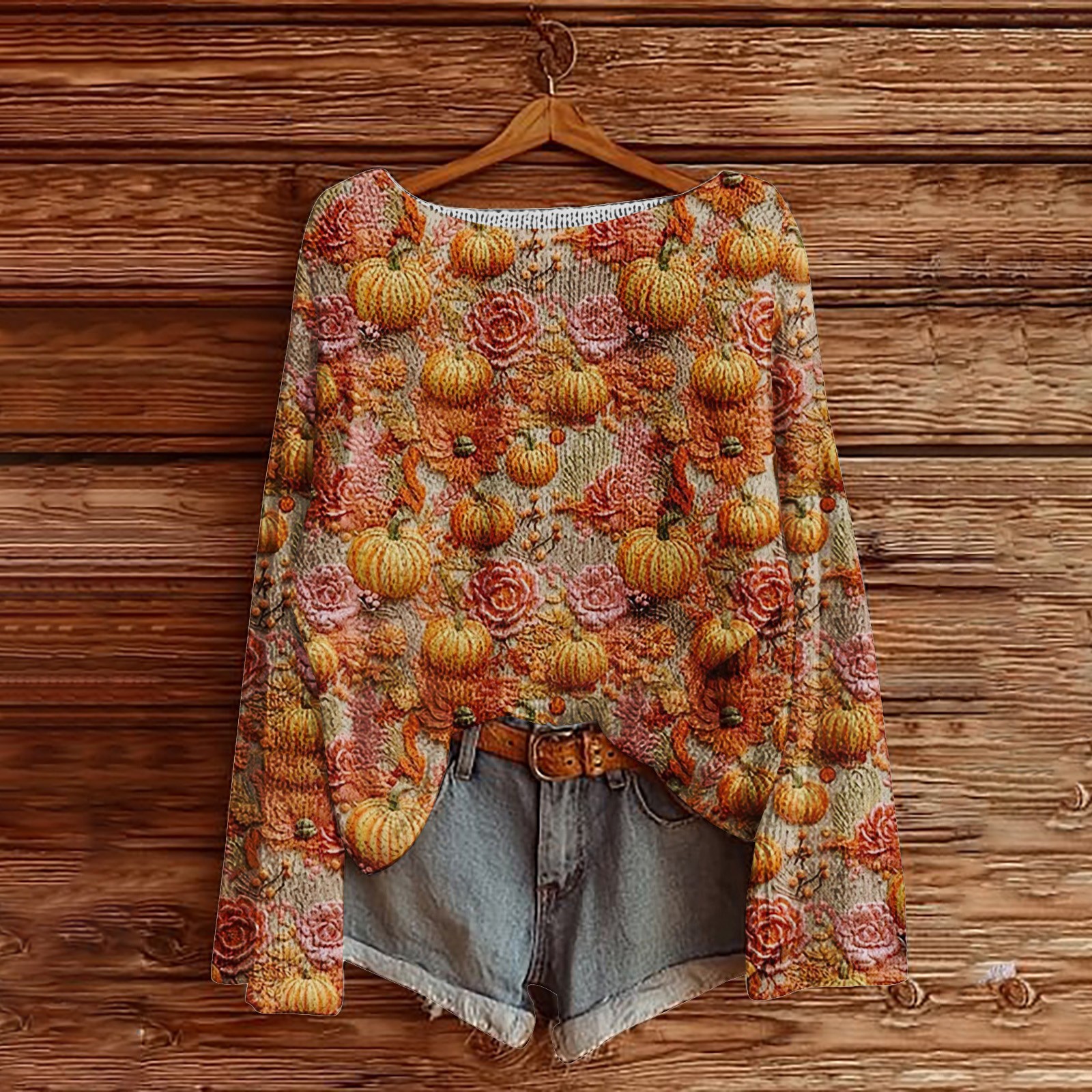 Halloween Women's Pumpkin Vintage Print Crew Neck Long Sleeve Sweatshirt  