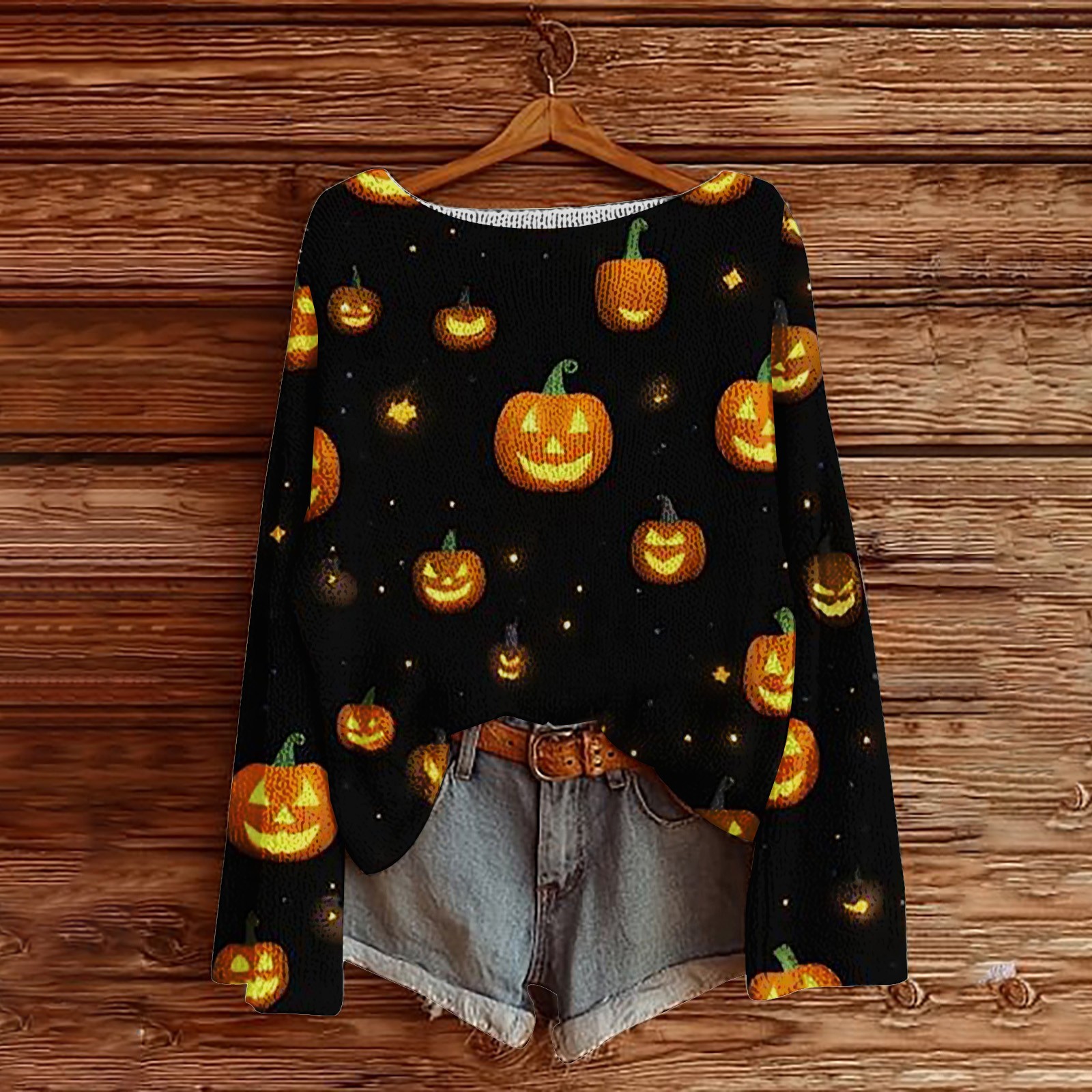 Halloween Women's Pumpkin Vintage Print Crew Neck Long Sleeve Sweatshirt  