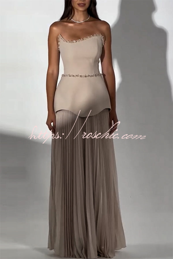 Capture The Moment Gem Trim Pleated Hem Strapless Maxi Dress