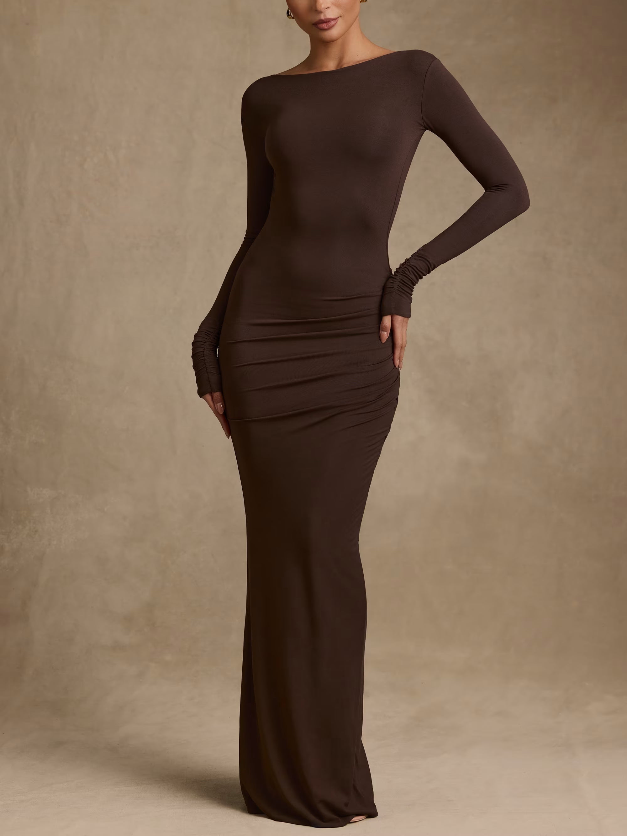 Chocolate Brown Pleated Halter Maxi Dress