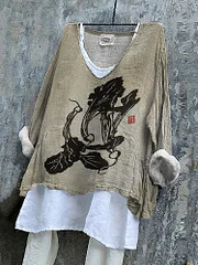 Vegetable Art Print V-Neck Casual Blouse