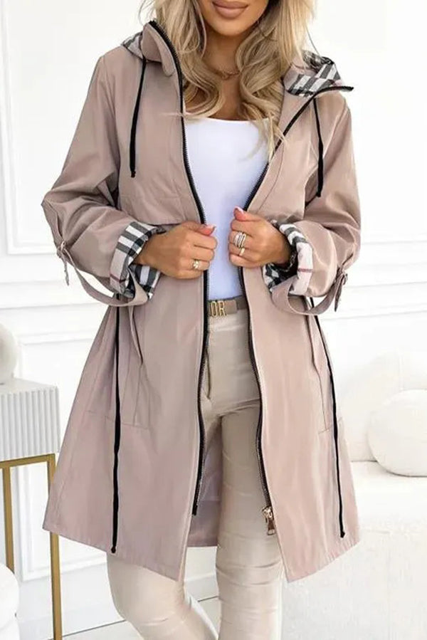 Fashionable Hooded Long-sleeved Zipper Plaid Casual Mid-length Jacket