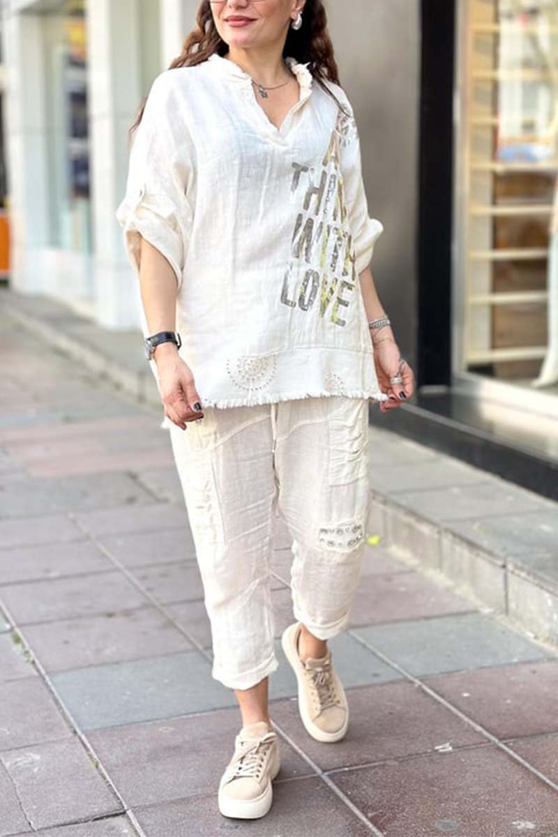 Women's casual letter printed cotton and linen long sleeve top or two-piece set