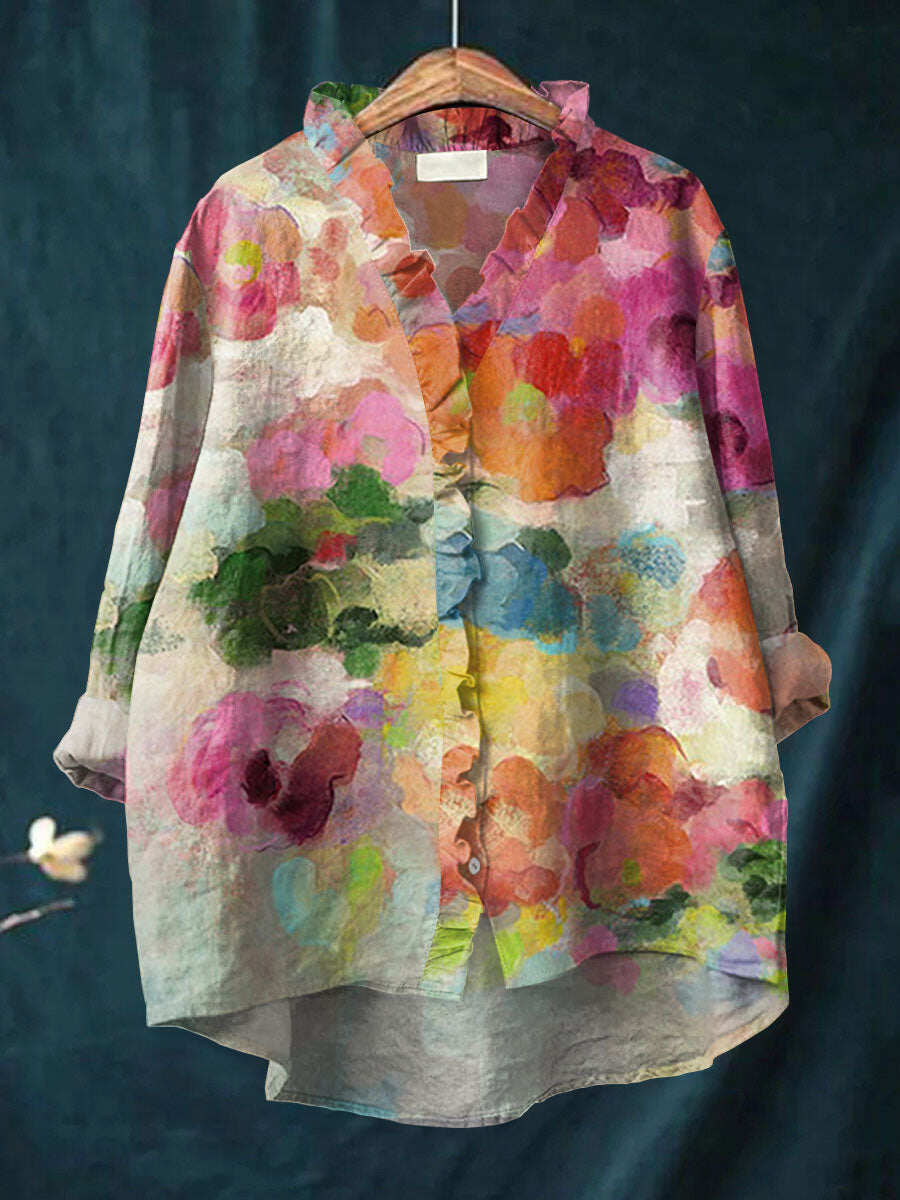 Women's Vintage Flowers Art Print Casual Cotton And Linen Ruffle Shirt