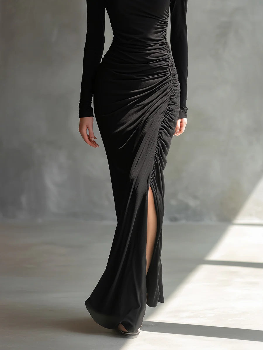 Black Elegant Off Shoulder Ruched Slit Maxi Dress