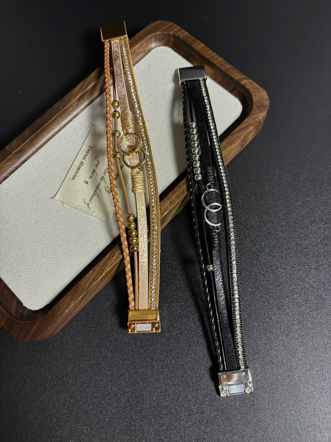 Bohemian Multi-layered Leather Bracelet With Diamond Inlays