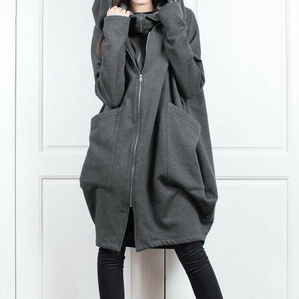 Long Hooded Pocket Zipper Loose Coat With False Two-piece Design