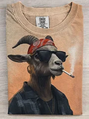 Cool Smoking Goat Art Print Casual Short Sleeve T-shirt