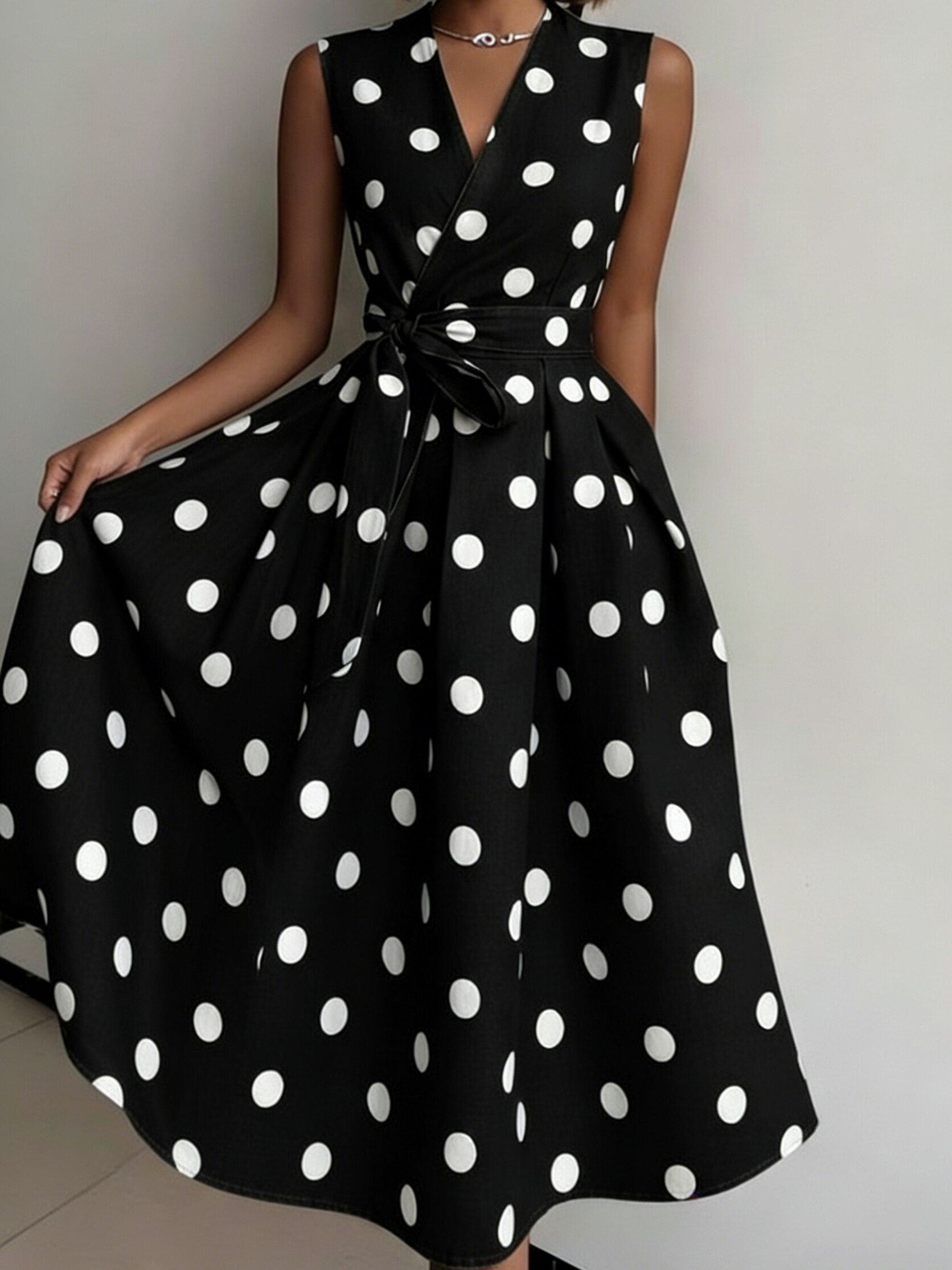 Elegant V-neck Polka Dot Print Denim Dress