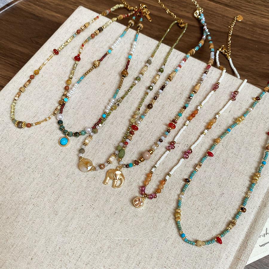 Retro Ethnic Style Small Elephant Picture Stone Glass Geometric Beaded Necklace