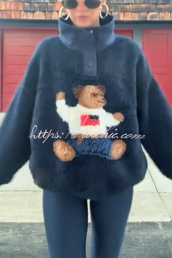 American Retro Polo Bear Pattern Stand Button Neck Long Sleeve Fleece Pullover