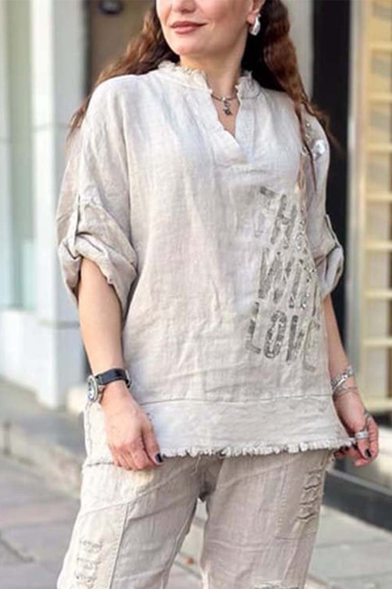 Women's casual letter printed cotton and linen long sleeve top or two-piece set