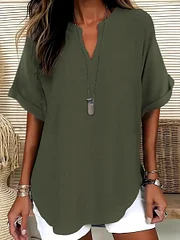 Solid Color Short Sleeve Linen V-Neck Shirt Blouse