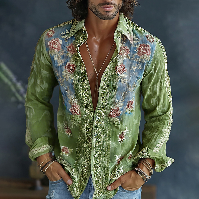 Men's Spring Floral Embroidered Art Print Flowy Linen Blend Casual Shirt