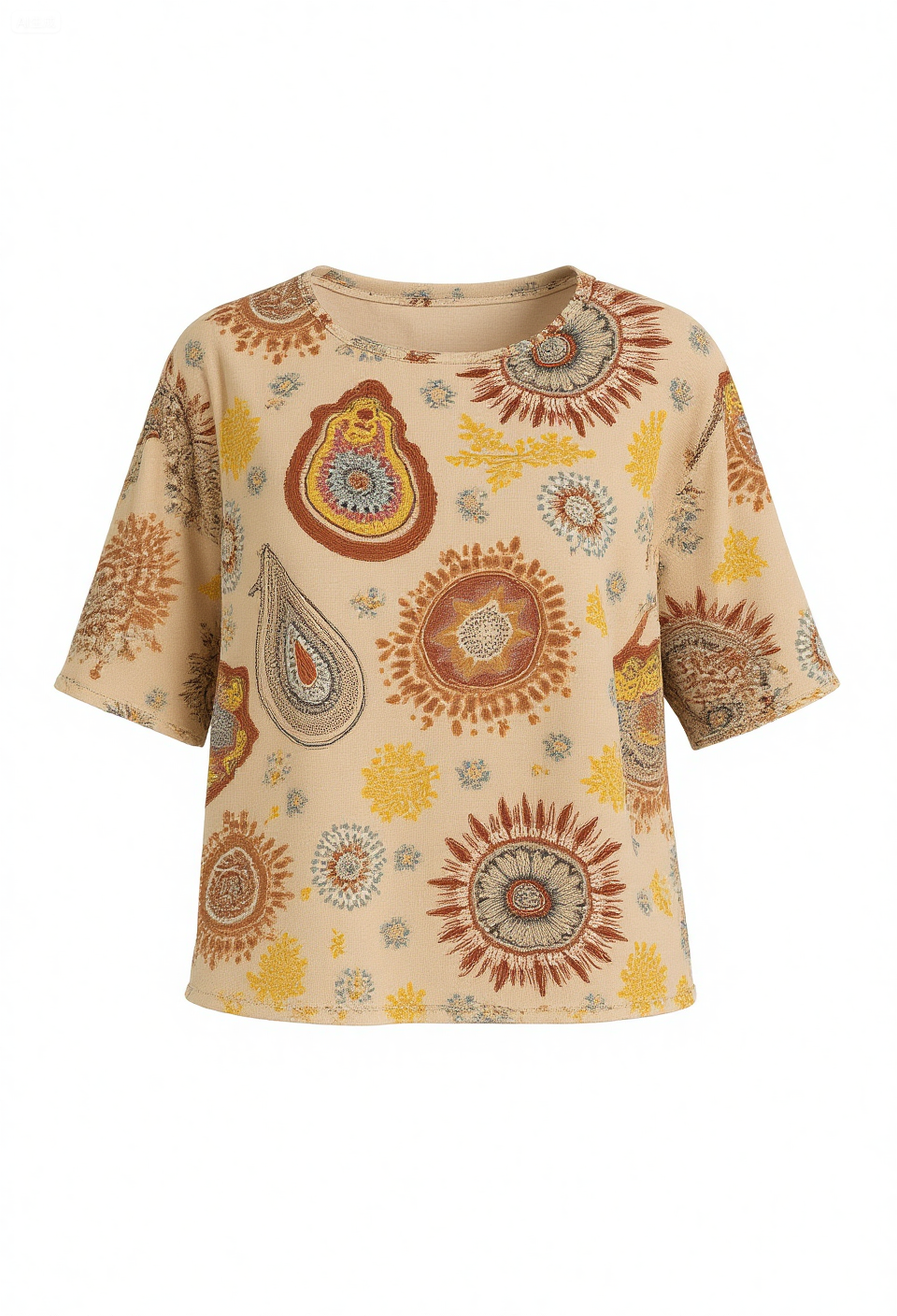 Women's Boho Art Print Casual Linen Short Sleeve T-Shirt