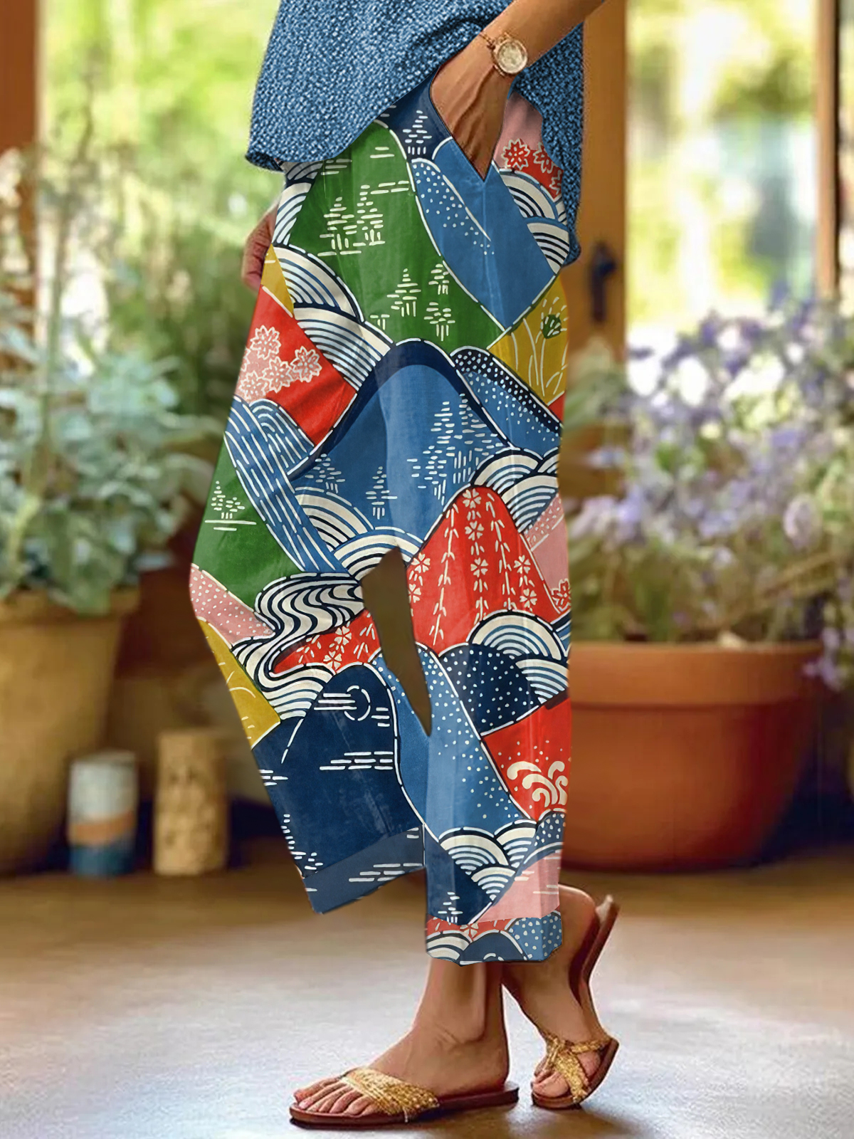 Women's Japanese Art Print Loose Casual Pants (With Pockets)