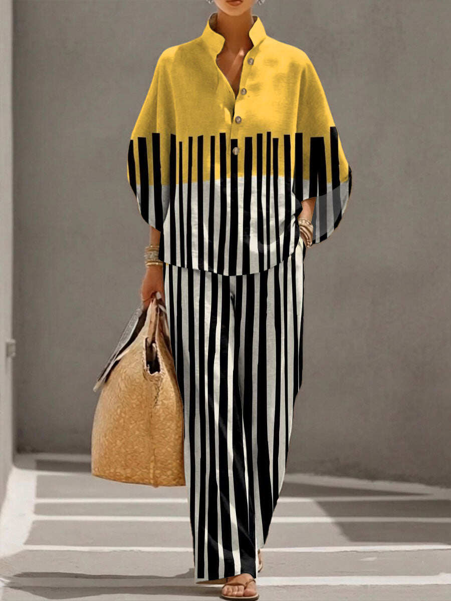 Women's Geometric Retro Art Print Casual Cotton-linen Two-piece Set