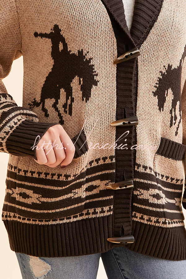 Retro Western Knit Unique Pattern Horn Buttons Pocket Lapel Loose Cardigan