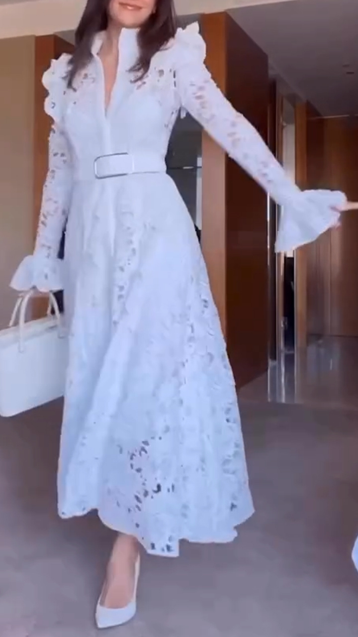 Women's Lapel Trumpet Sleeve Hollow Elegant Dress