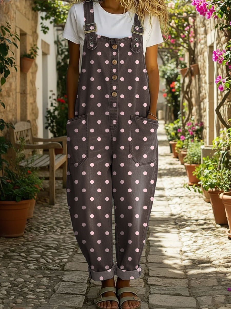 Women's Dots Art Print Casual Denim Jumpsuit