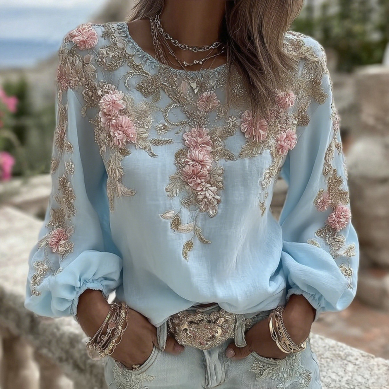 Women's Vintage Pink Rose Embroidery Art Round Neck Long Sleeve Linen Blend T-shirt