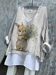Vintage Cute Rabbit Farm V-Neck Casual Blouse