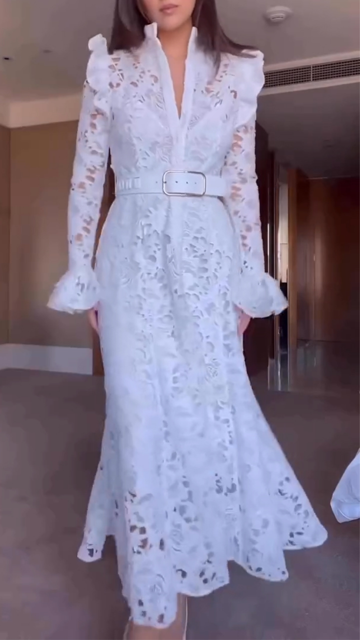 Women's Lapel Trumpet Sleeve Hollow Elegant Dress