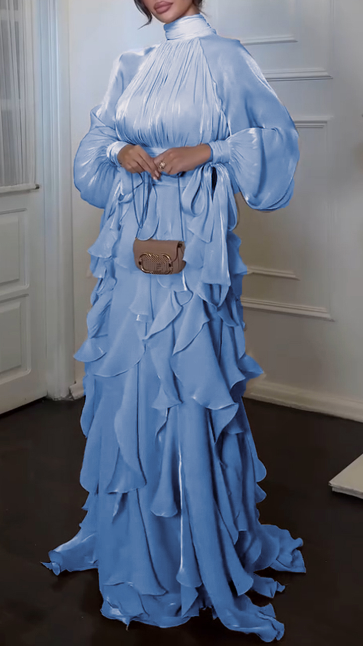 Women's Stand-up Collar Multi-layered Ruffled Flowing Dress