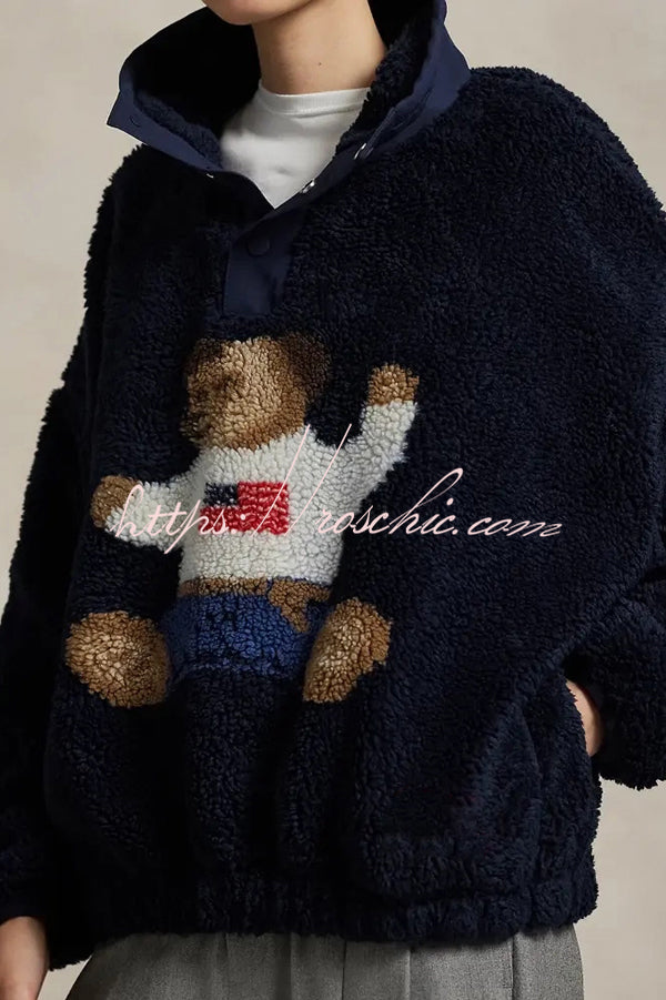 American Retro Polo Bear Pattern Stand Button Neck Long Sleeve Fleece Pullover