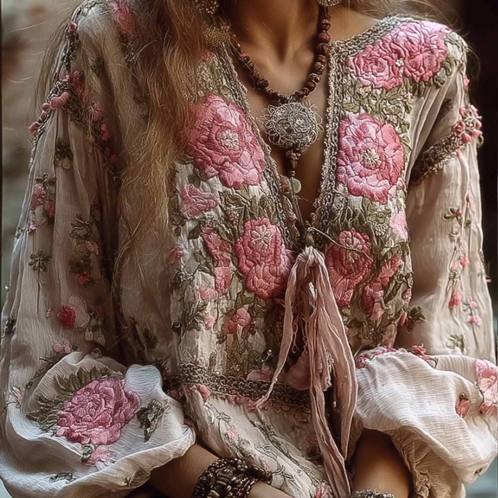 Bohemian Pink Floral Vintage Casual Round Neck Beige Long-sleeved Top