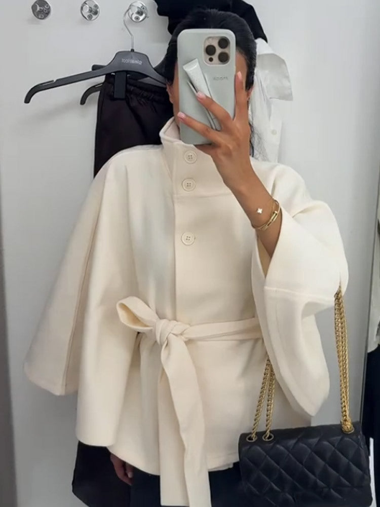 Solid color cape stand collar button belt coat