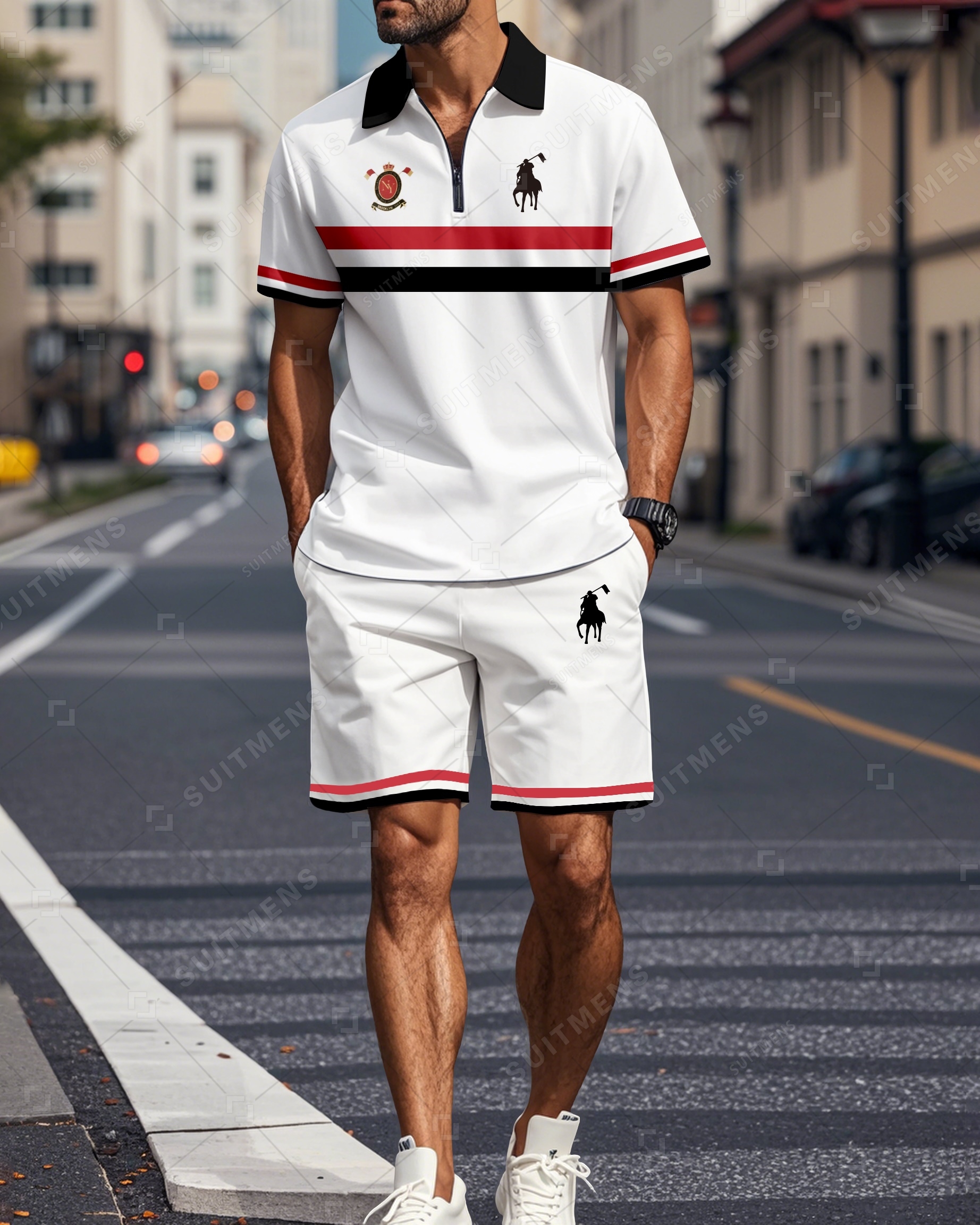 Men's Color Blocked Summer Polo Shorts Set 01
