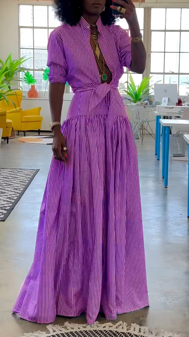 Women's Stand Collar Striped Fishtail Dress