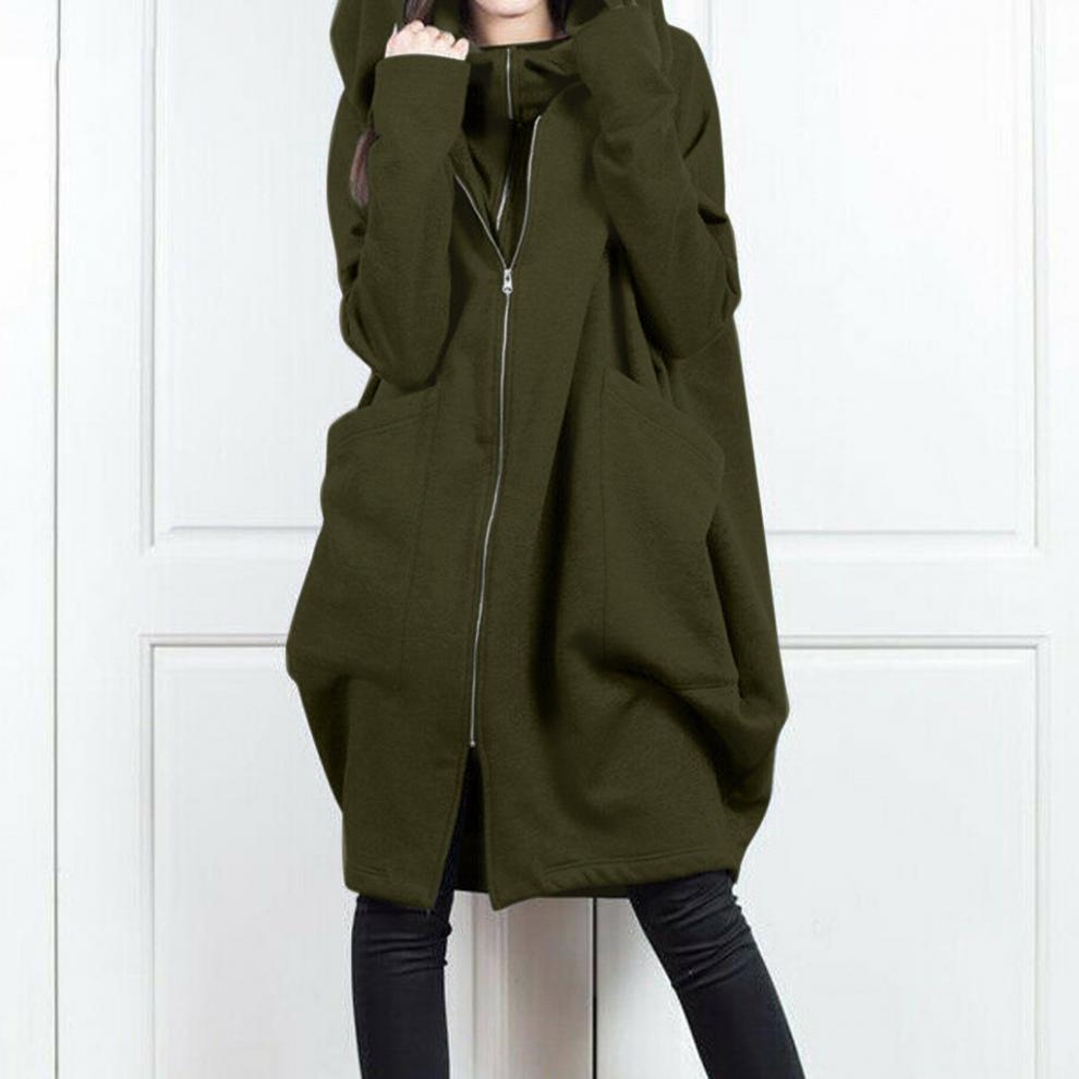 Long Hooded Pocket Zipper Loose Coat With False Two-piece Design