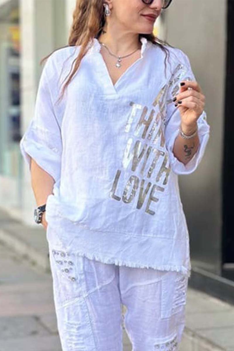 Women's casual letter printed cotton and linen long sleeve top or two-piece set