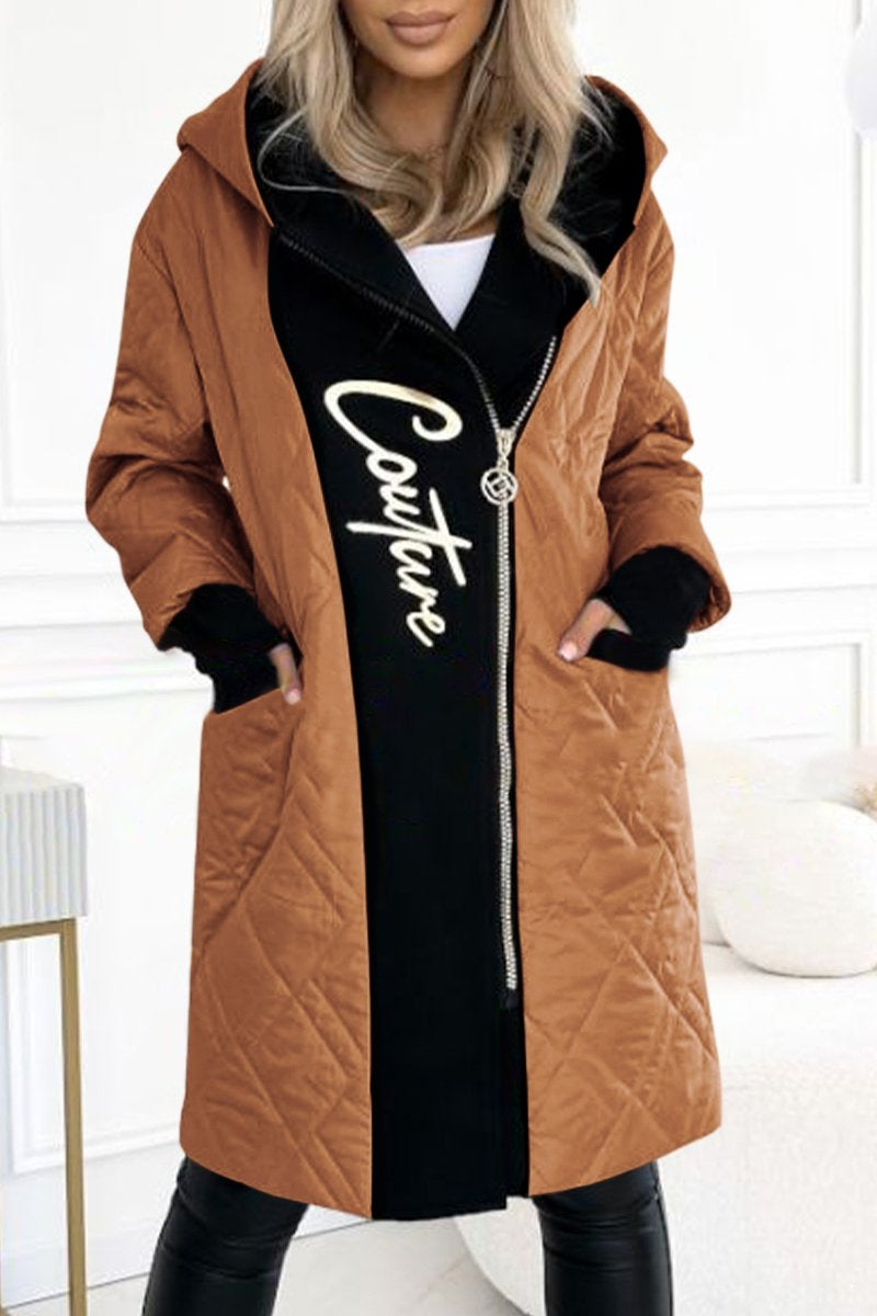 Women's Stylish Hooded Zippered Letter Print Long Coat
