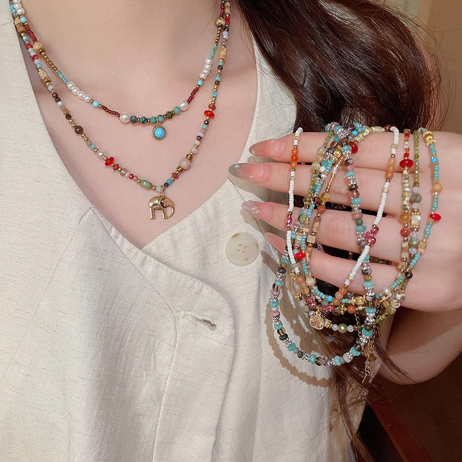 Retro Ethnic Style Small Elephant Picture Stone Glass Geometric Beaded Necklace