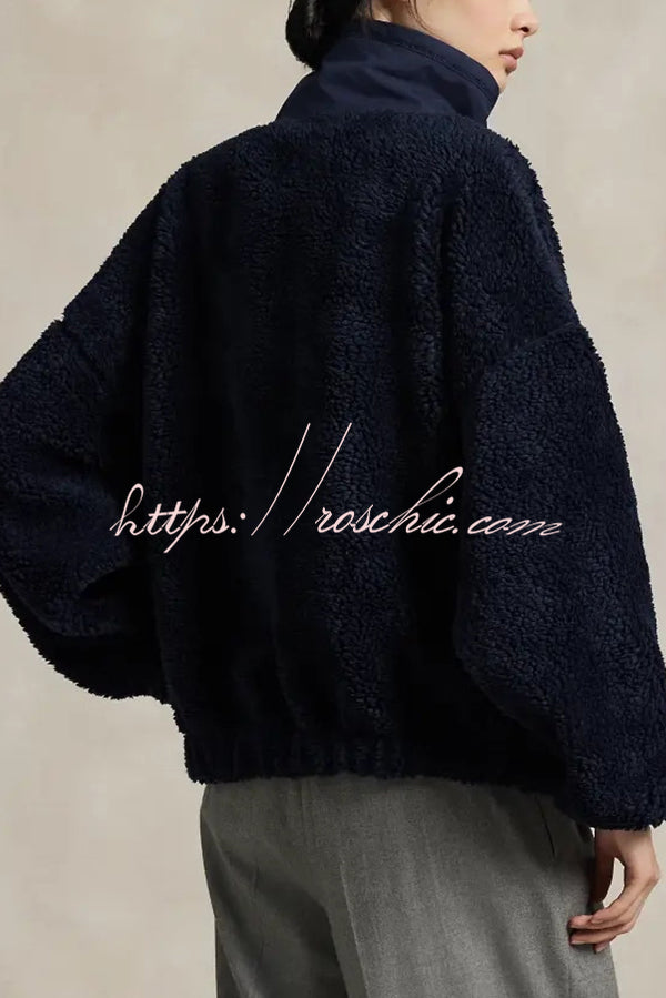 American Retro Polo Bear Pattern Stand Button Neck Long Sleeve Fleece Pullover