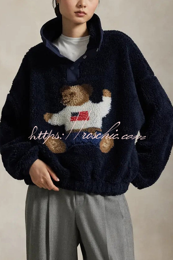 American Retro Polo Bear Pattern Stand Button Neck Long Sleeve Fleece Pullover