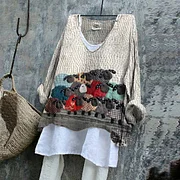 Vintage Patchwork Art Flock Farm Sheep V-Neck Casual Blouse