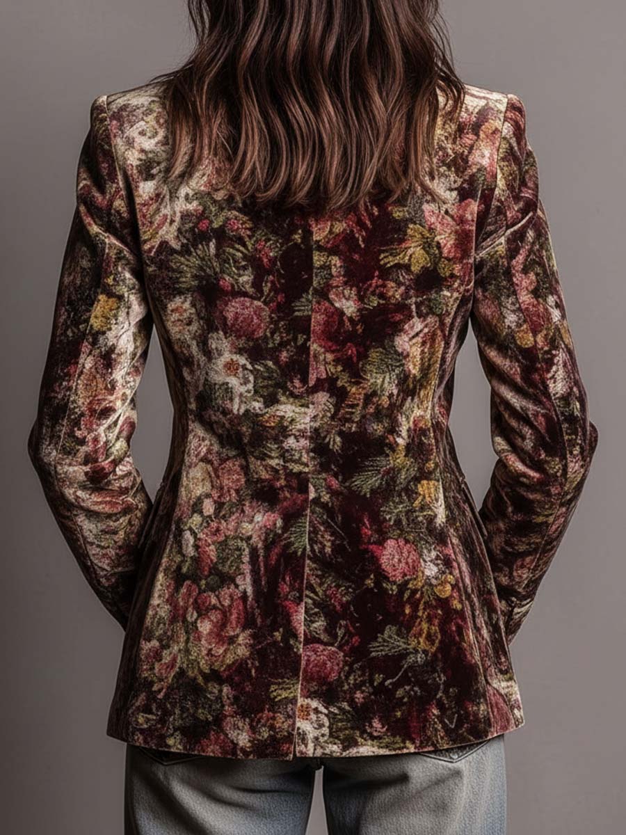 Vintage Floral Velvet Blazer With Leather Lapels