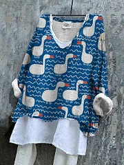 Vintage Goose Geometry Round Neck Casual Blouse