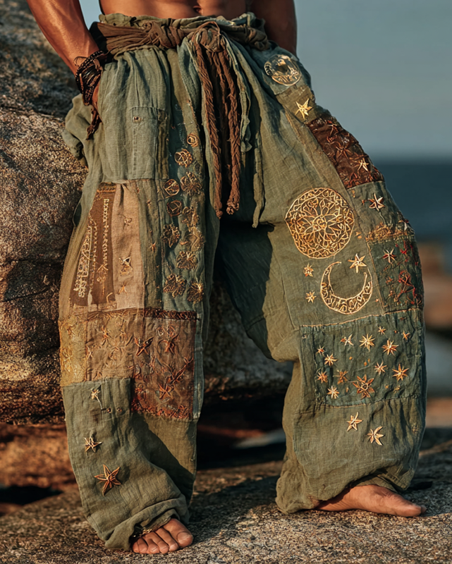 Men's Casual Star and Moon 3D Embroidered Linen Pants 4ab3