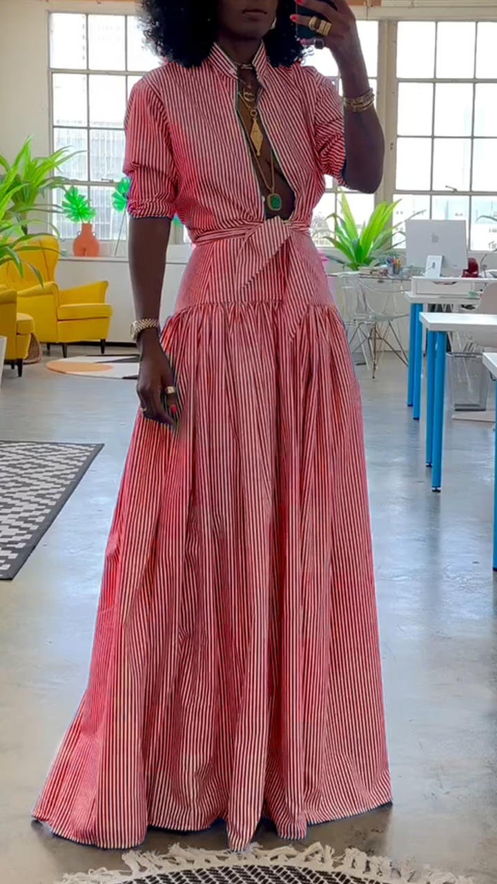 Women's Stand Collar Striped Fishtail Dress