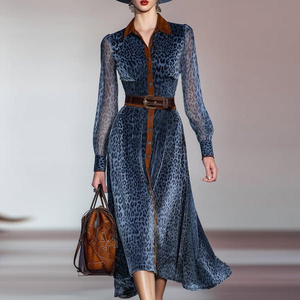 Blue Leopard Print Long-Sleeved Dress