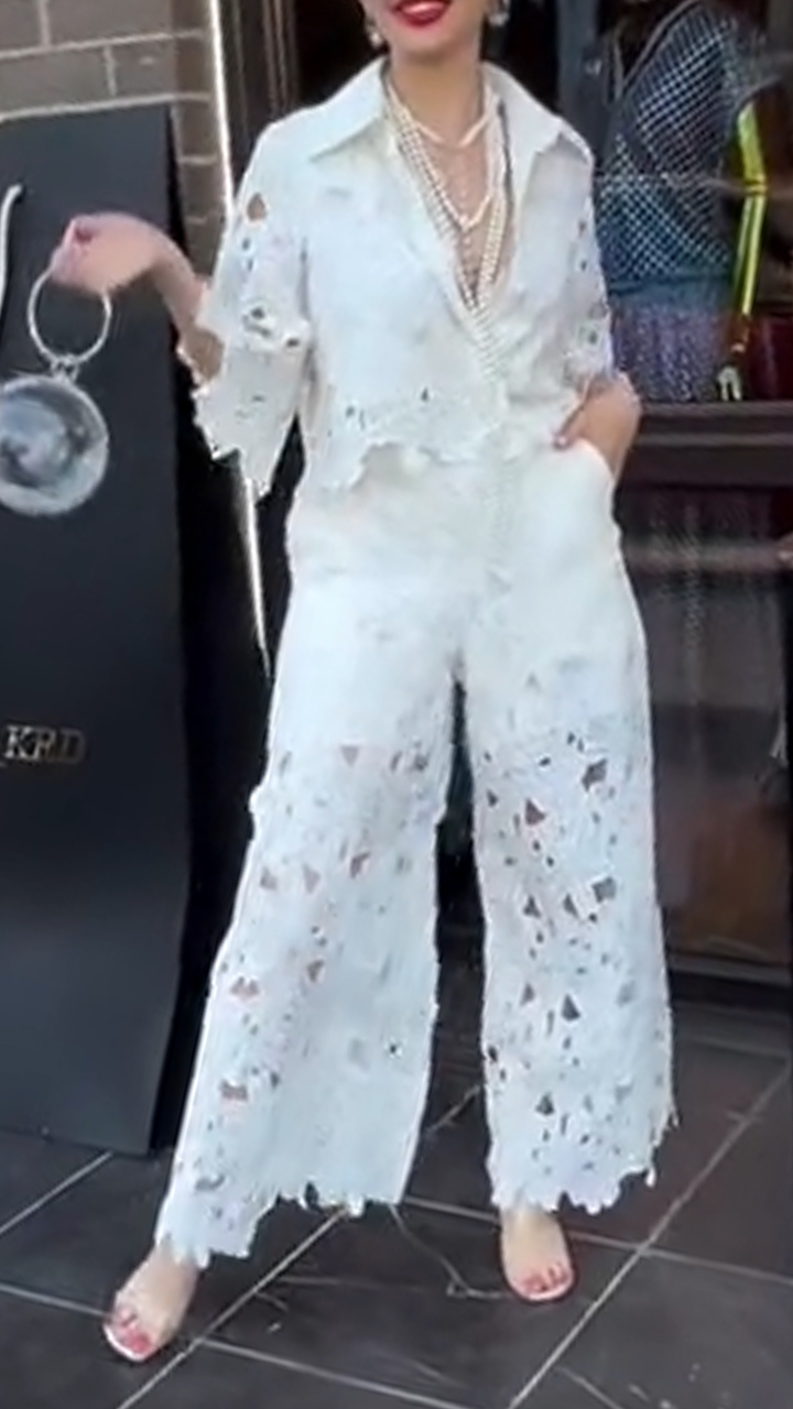 Ladies' Lapel Print Hollow Solid Color Casual Set