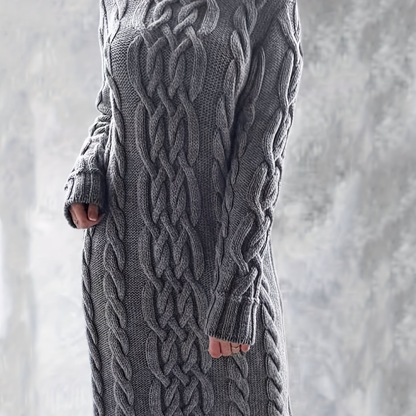 Turtleneck Cable Knit Sweater Dress, Elegant Solid Long Sleeve Dress, Women's Clothing