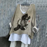 Vegetable Art Print V-Neck Casual Blouse