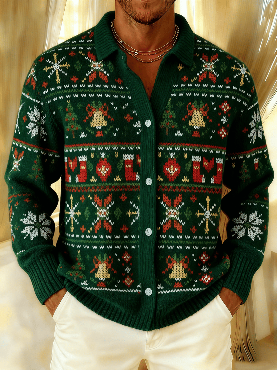 Men's Christmas Evergreen Print Cardigan Sweater